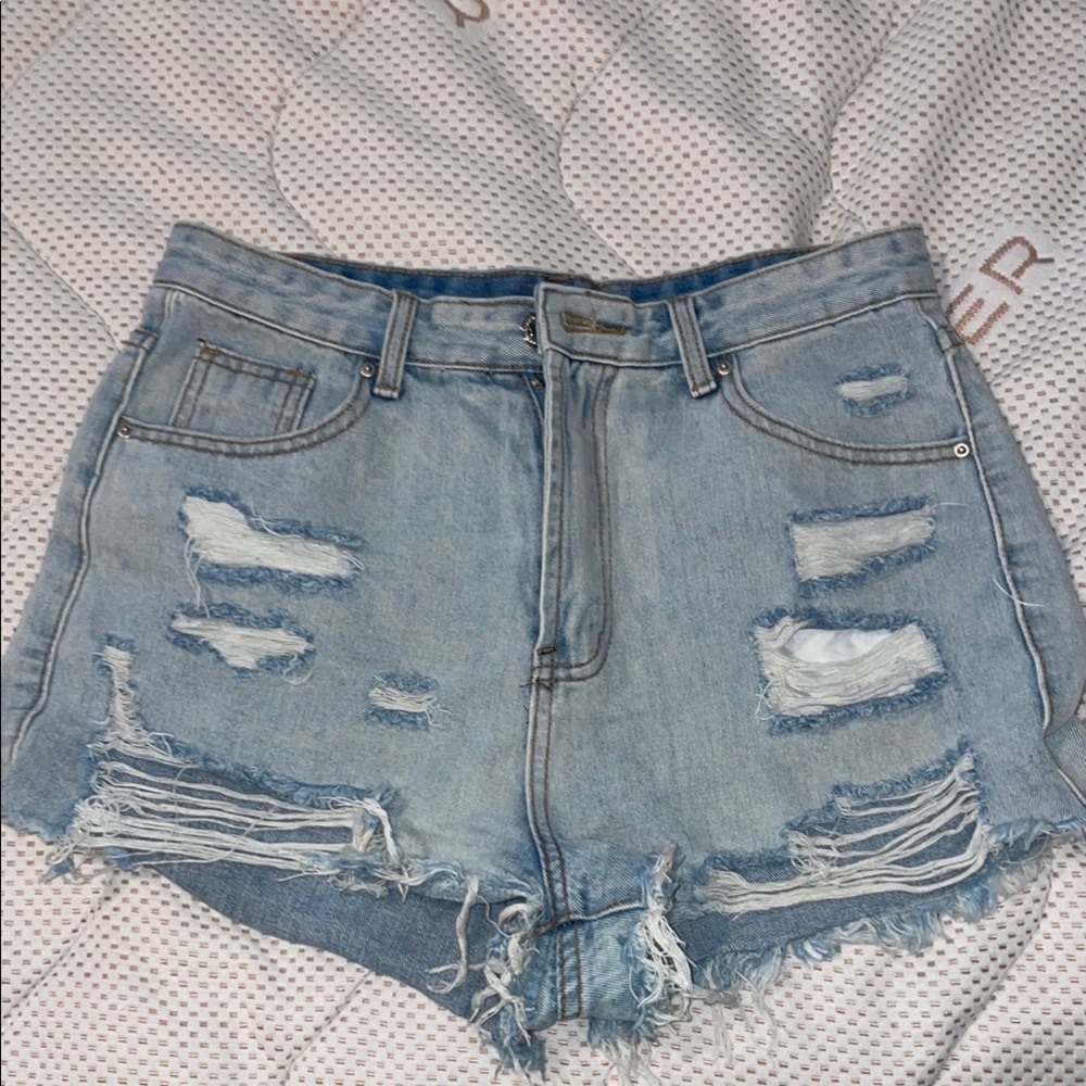SHEIN Blue High-Waisted Distressed Jean Shorts